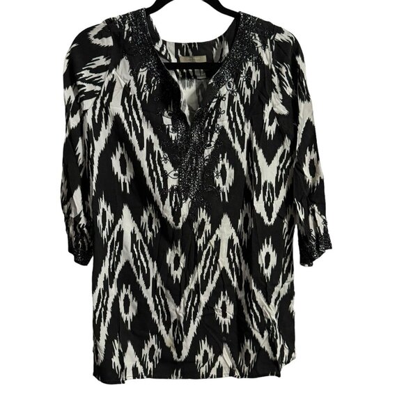 Joan Vass Black & White‎ Peasant Boho 3/4 Rayon Blouse Shirt top M - Picture 1 of 6